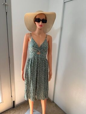 ANGIE Green Cactus Print Cutout Midi Dress Boho Size L